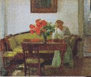 Interior with poppies and reading woman